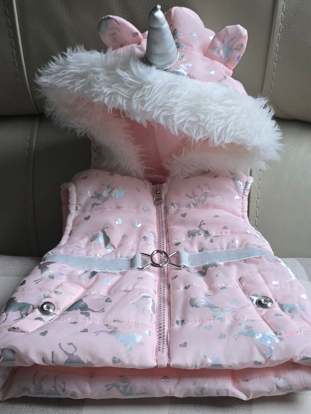 Baby Girl Warm Iridescent Pink Unicorn Puffer Vest w/ Ears & Horn 12 Months